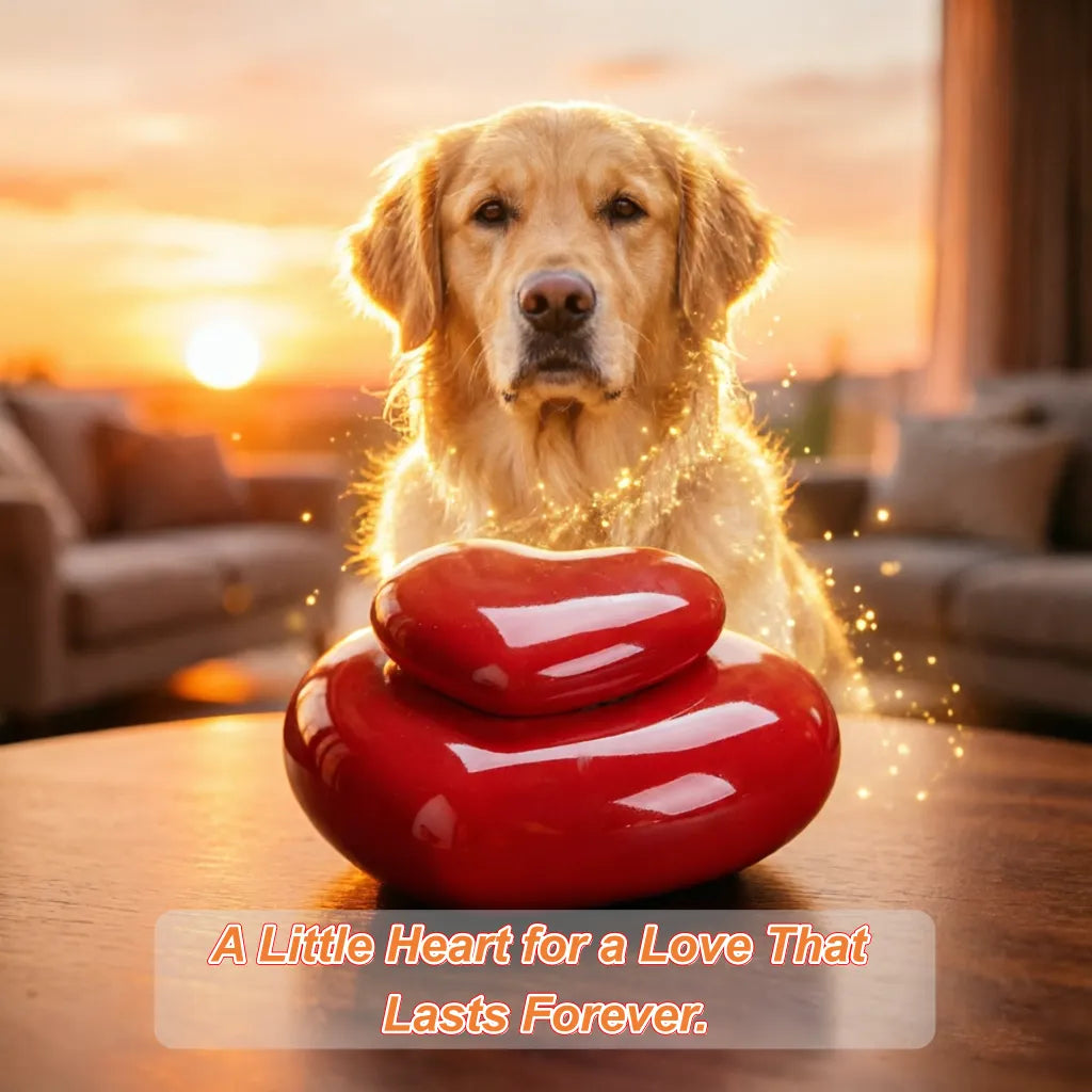 Heart-shaped ceramic pet urn displayed with a beloved dog as a memorial keepsake