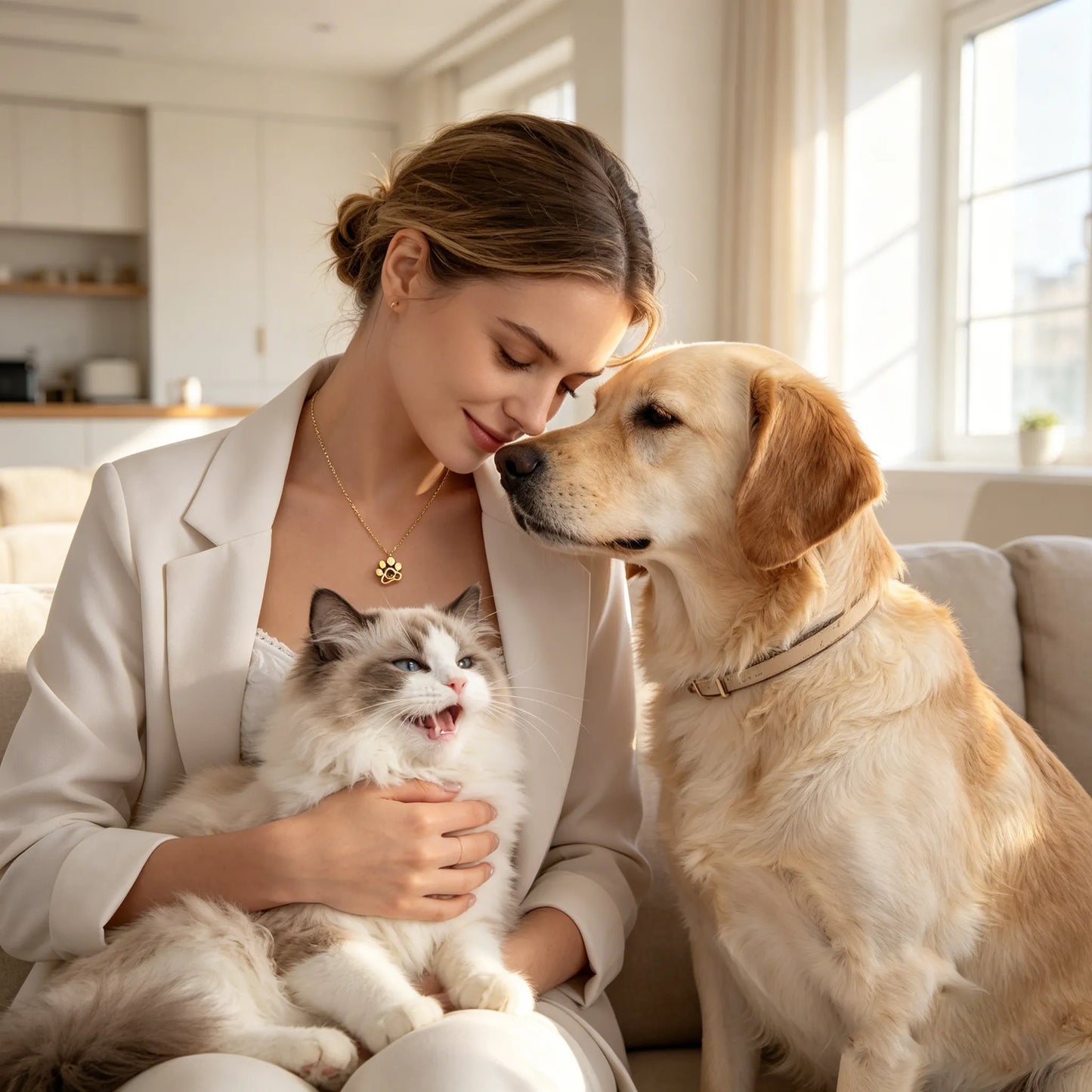 A pet lover wearing a personalized paw print projection necklace while spending quality time with beloved dogs and cats at home.