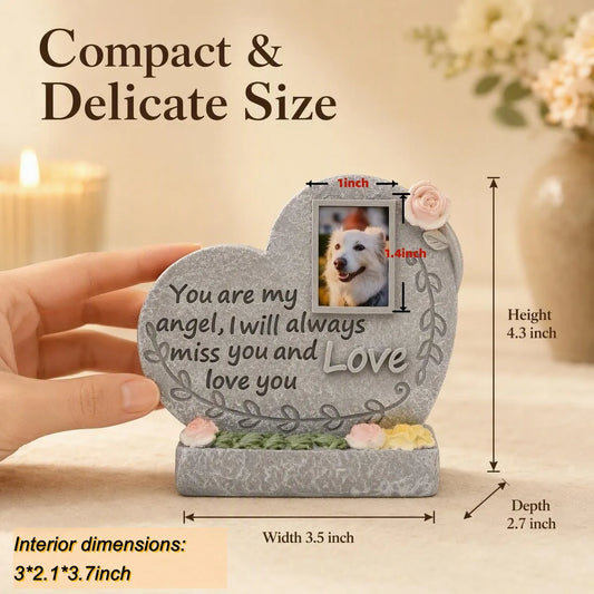 Pet memorial photo planter showing 3.5 x 2.7 x 4.3 inch product dimensions
