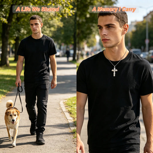 Man wearing a pet memorial cross necklace as a meaningful keepsake
