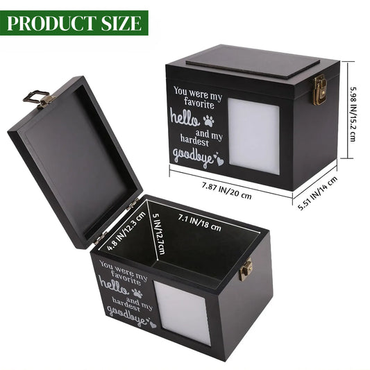 Size chart of the pet memorial urn showing external and internal dimensions and photo frame size.
