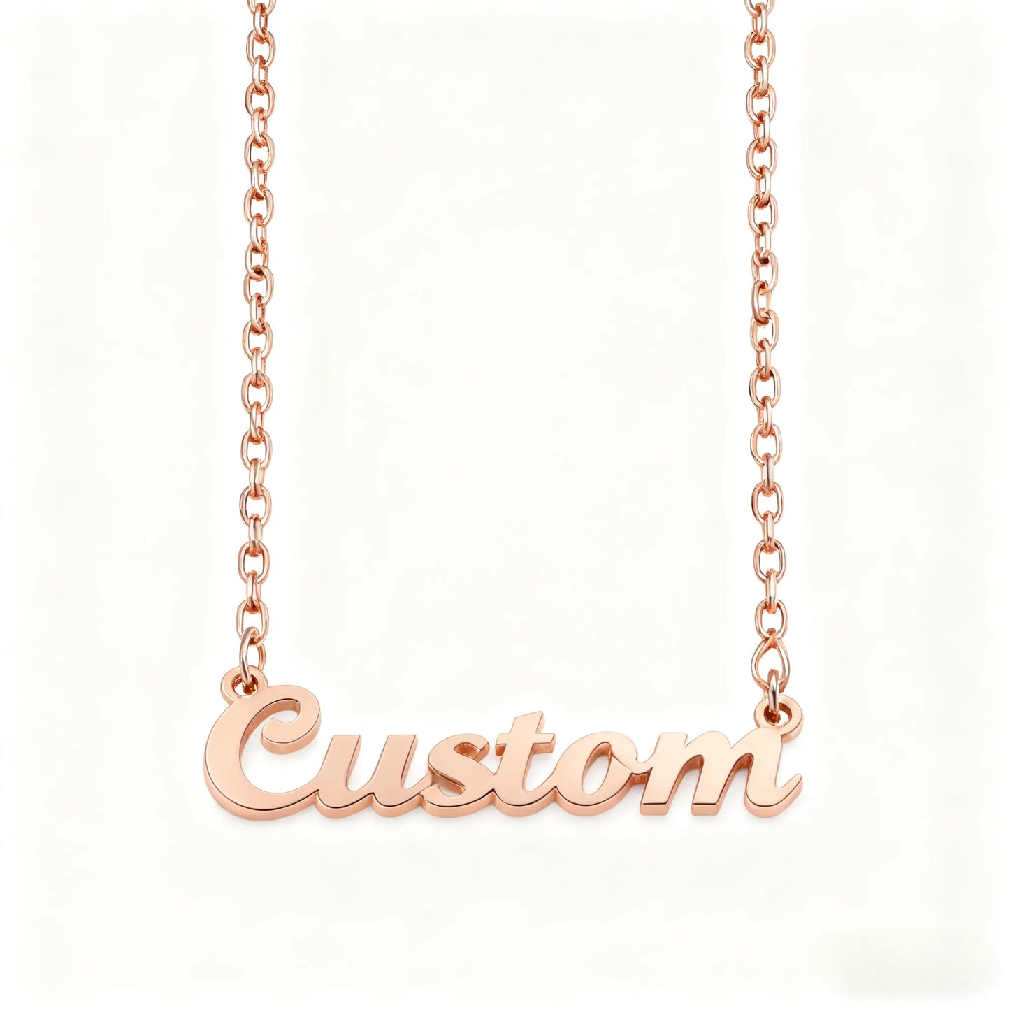 A personalized pet name necklace crafted from rose gold stainless steel, designed as a timeless keepsake to celebrate every stage of your pet's life.