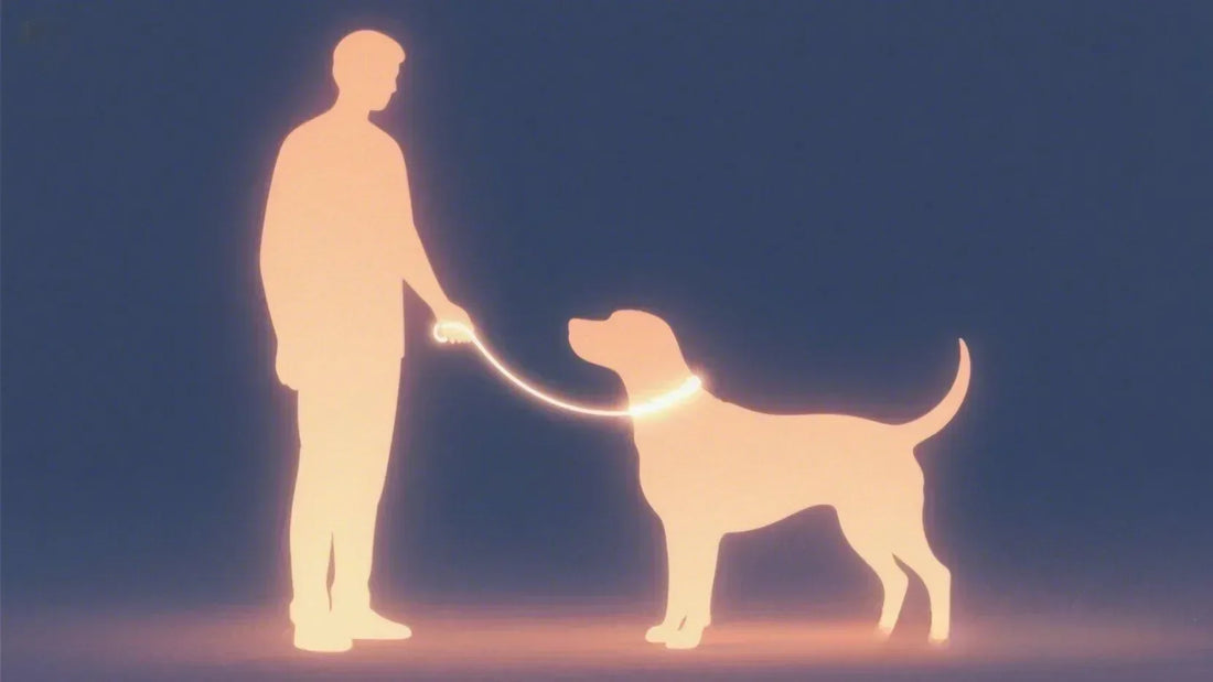 A glowing invisible leash connecting a human silhouette with a pet silhouette