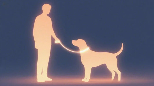 A glowing invisible leash connecting a human silhouette with a pet silhouette