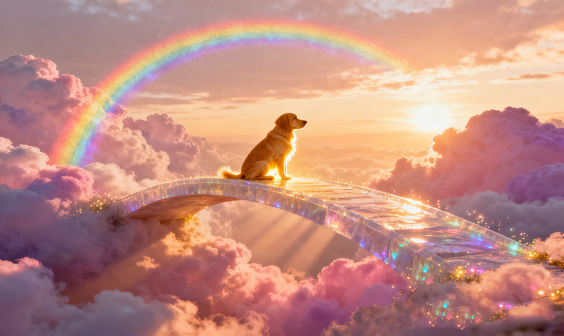 An angel dog sat gently on the rainbow bridge, waiting for its owner to arrive.