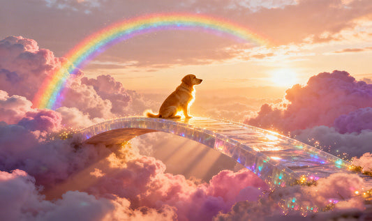 An angel dog sat gently on the rainbow bridge, waiting for its owner to arrive.