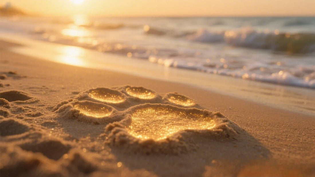 A golden animal paw print made of sand lay on the beach.