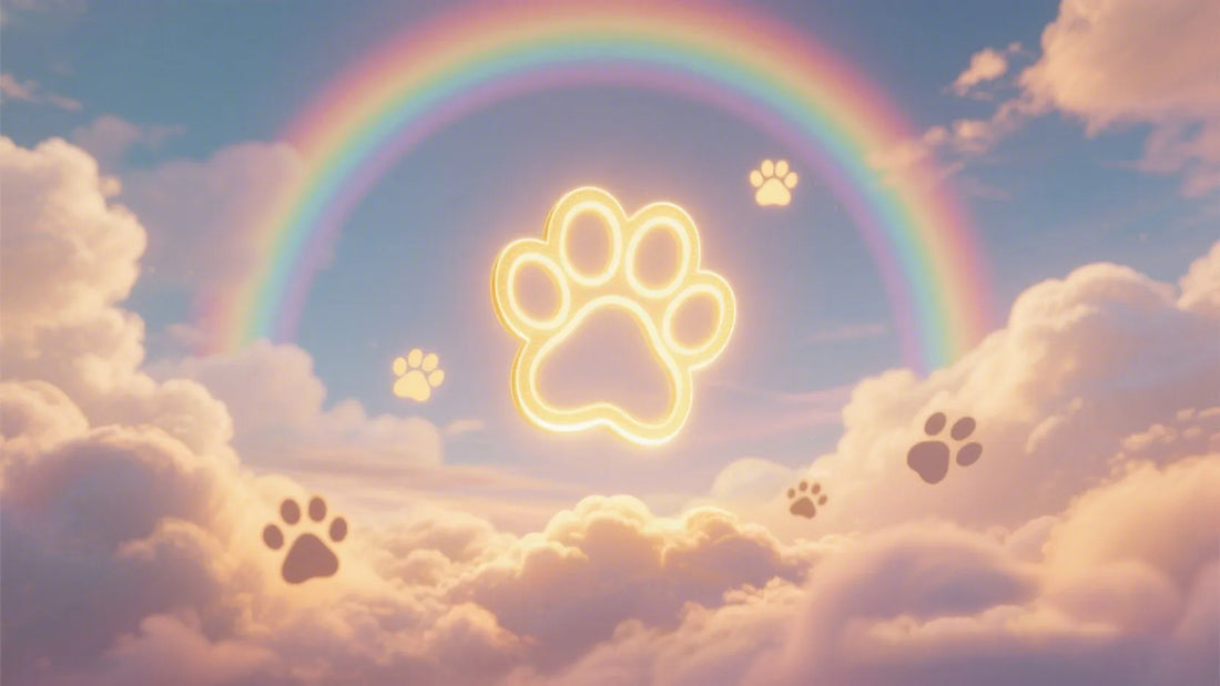 A golden paw print under the rainbow bridge .