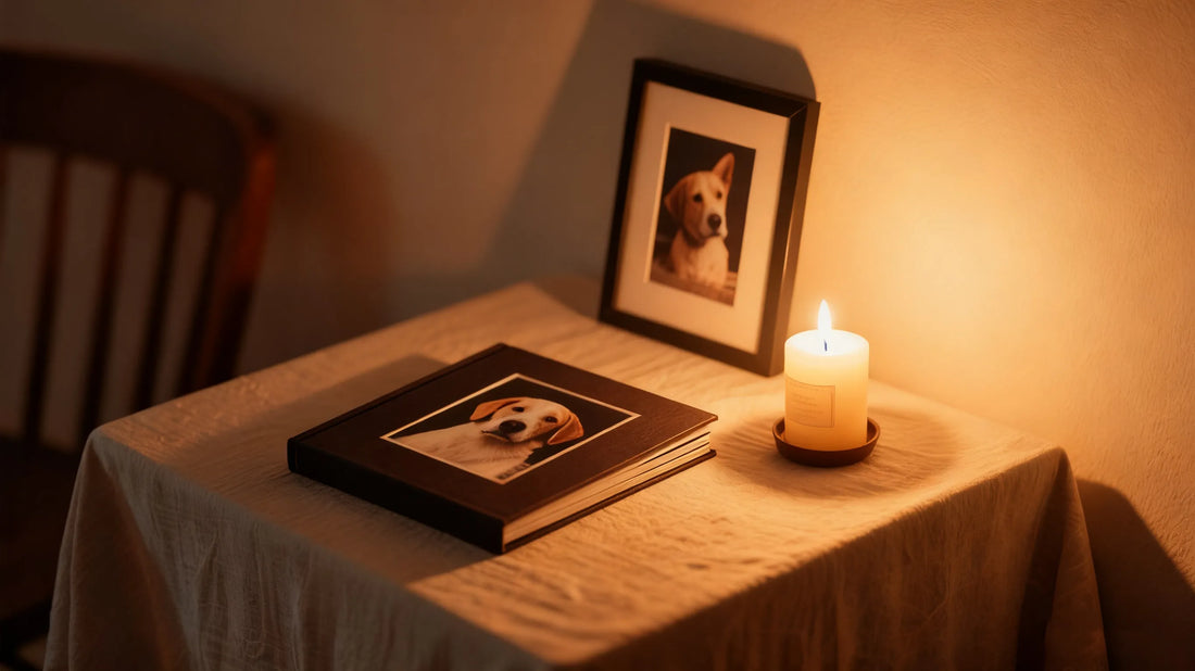 A candle was lit in front of the pet memorial photo frame.