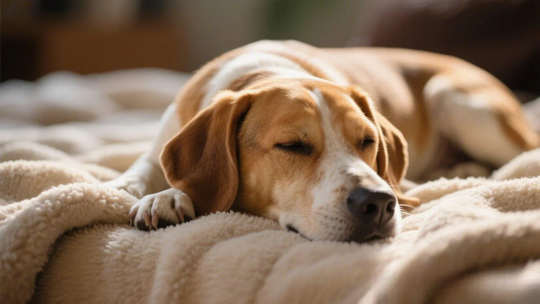 A cute Labrador Retriever lies peacefully on a blanket.