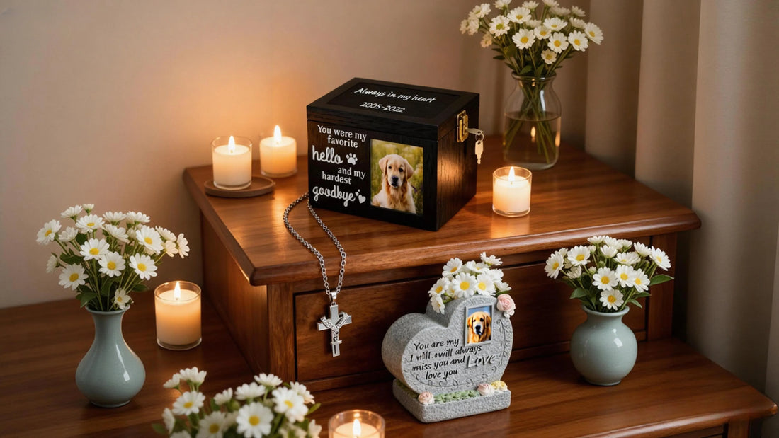 A black pet memorial urn stands in front of a memorial tombstone adorned with flowers, next to which is a cross-shaped urn necklace, surrounded by lit candles and fresh flowers.