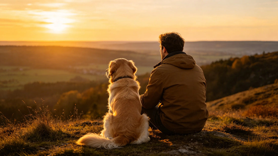A pet owner and a golden retriever sitting together on a hillside at sunset, celebrating the lifelong bond and every stage of their journey together.