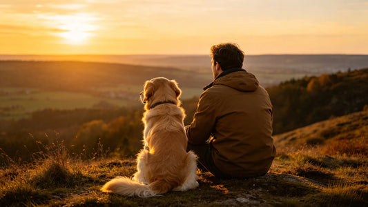 A pet owner and a golden retriever sitting together on a hillside at sunset, celebrating the lifelong bond and every stage of their journey together.