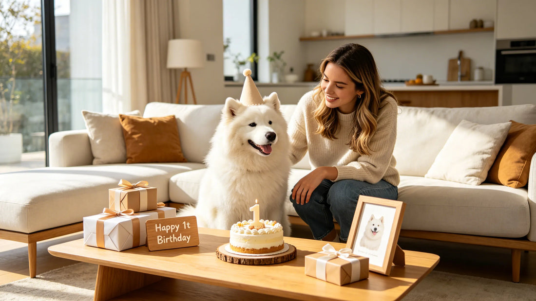 A young woman celebrating her dog's first birthday at home with a pet-safe cake, gifts, and a personalized photo frame in a cozy living room.
