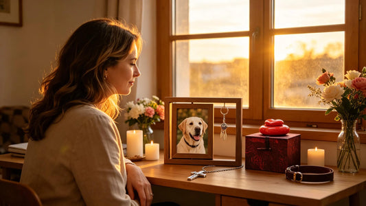 A woman sitting by a sunlit window reflecting on cherished memories of her beloved dog beside a memorial photo frame, candle, and urns keepsakes.