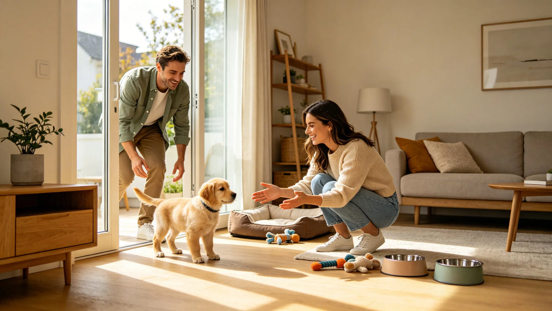 A young couple welcomes their new Golden Retriever puppy home for the first time, creating a calm and loving environment for the puppy's first day.