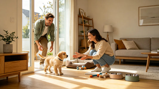 A young couple welcomes their new Golden Retriever puppy home for the first time, creating a calm and loving environment for the puppy's first day.