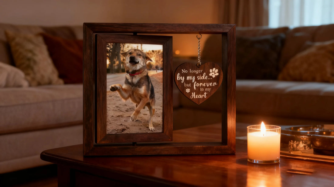 A rotating pet memento photo frame is placed on the table.
