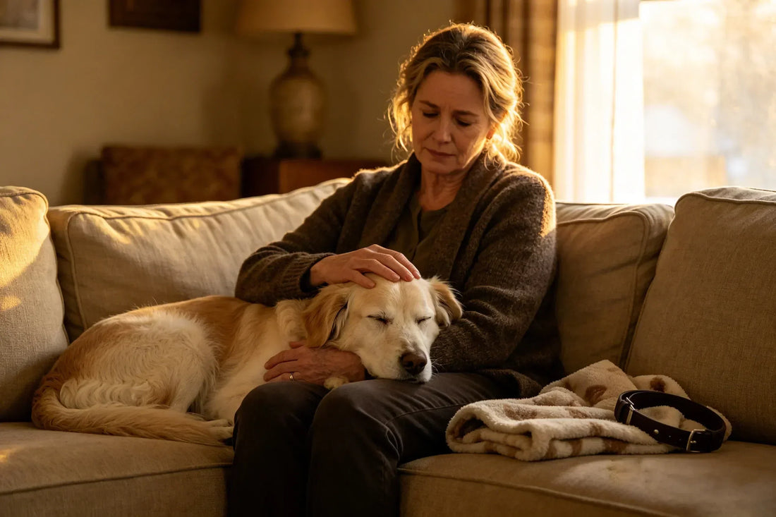 Woman remembering her beloved pet while holding a framed pet photo in a warm and peaceful home