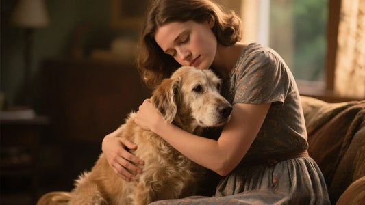 A woman gently hugging her dog indoors, capturing a warm and emotional memory moment.