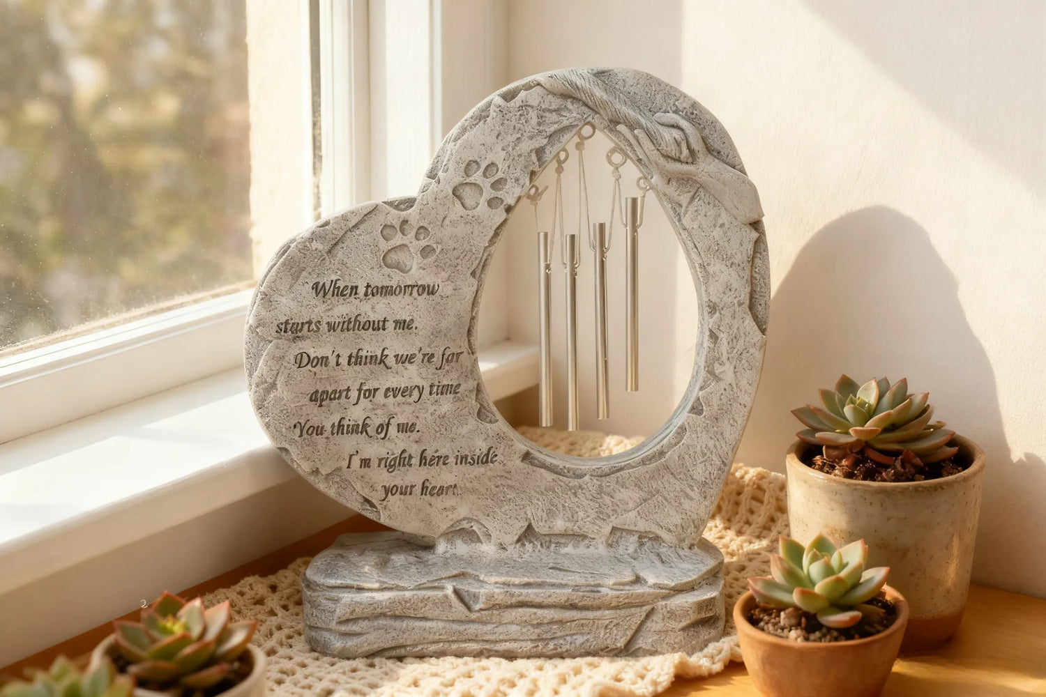 Pet memorial wind chimes and tombstones are placed on the windowsill.