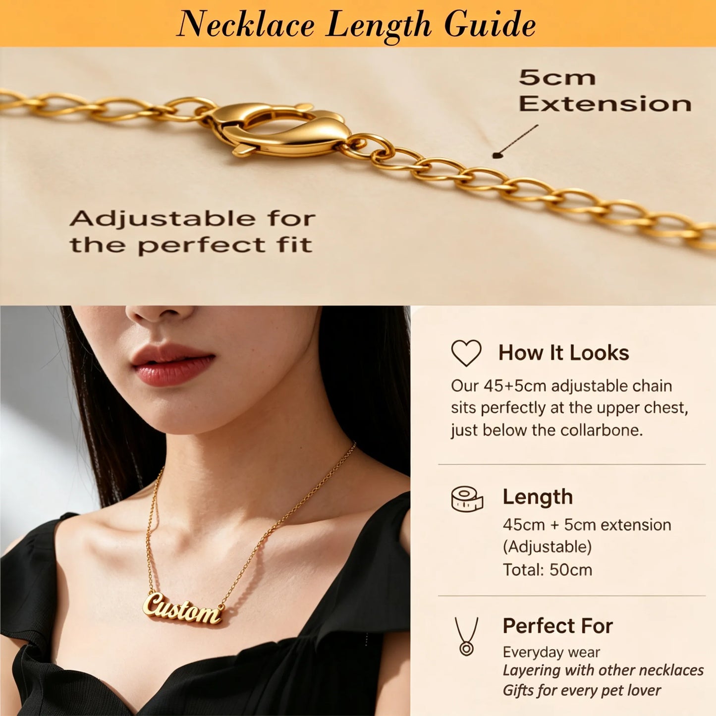 Necklace length guide showing how the adjustable 45+5cm stainless steel pet name necklace fits comfortably for everyday wear.