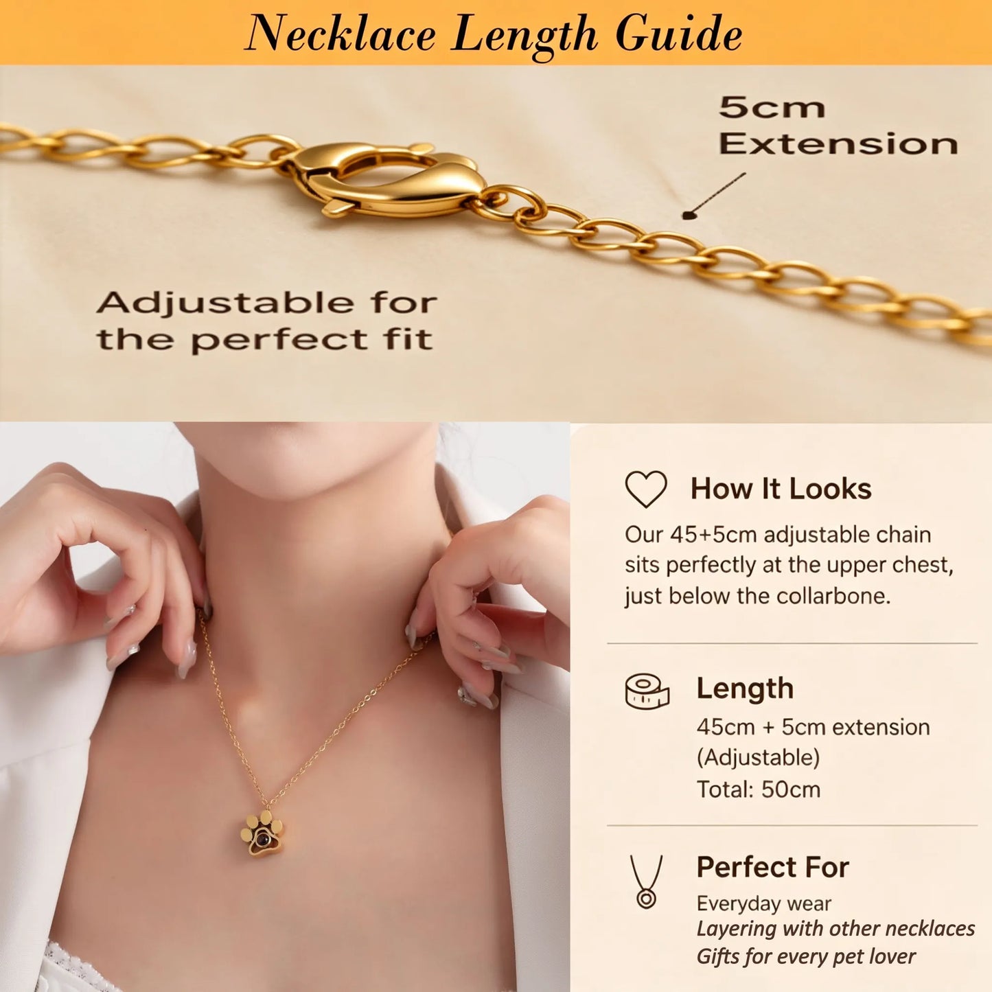 Necklace length guide showing how the adjustable 45+5cm stainless steel pet  paw print projection necklace fits comfortably for everyday wear.