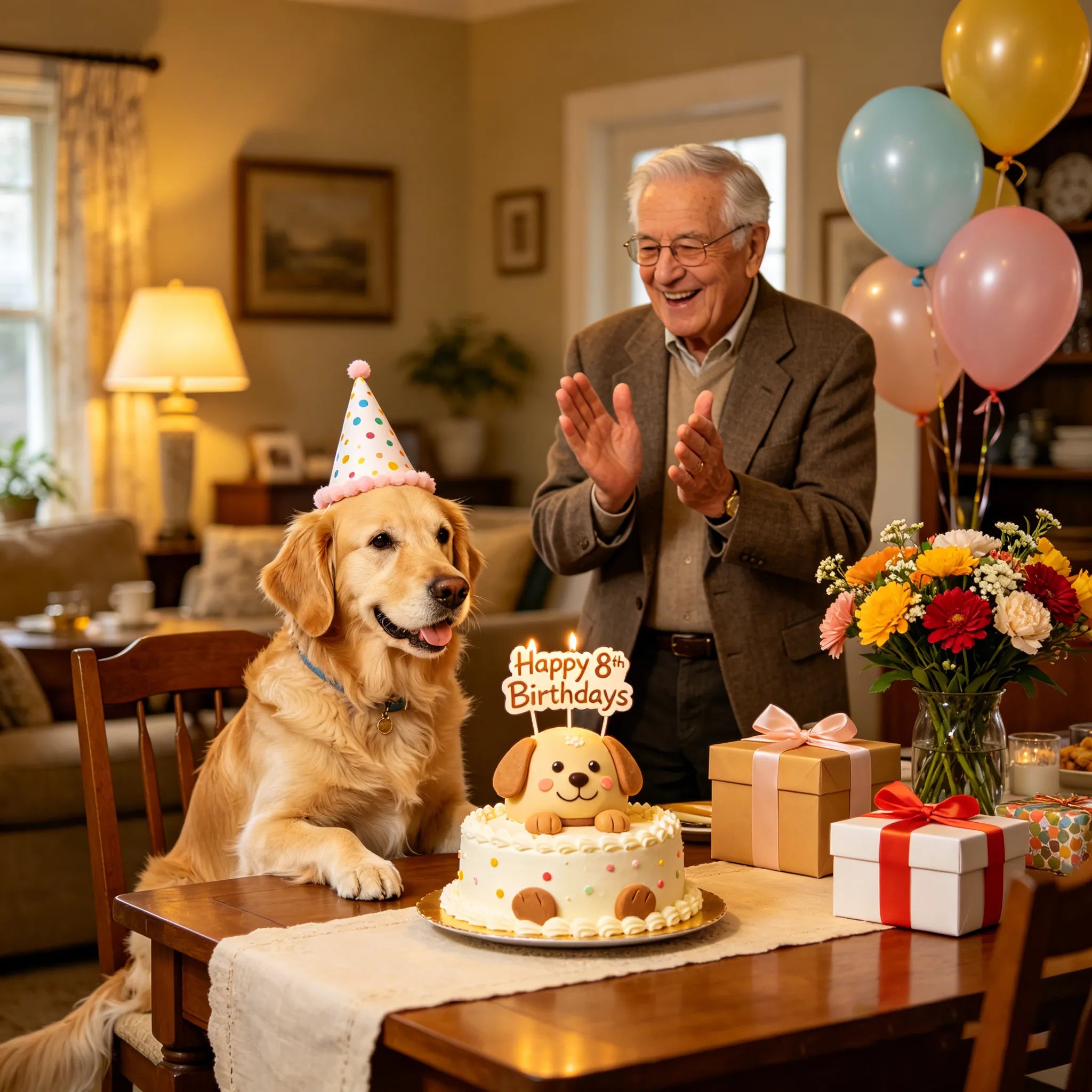 A happy family celebrating a beloved dog's birthday with cake, gifts, and balloons, creating joyful memories through every milestone together.