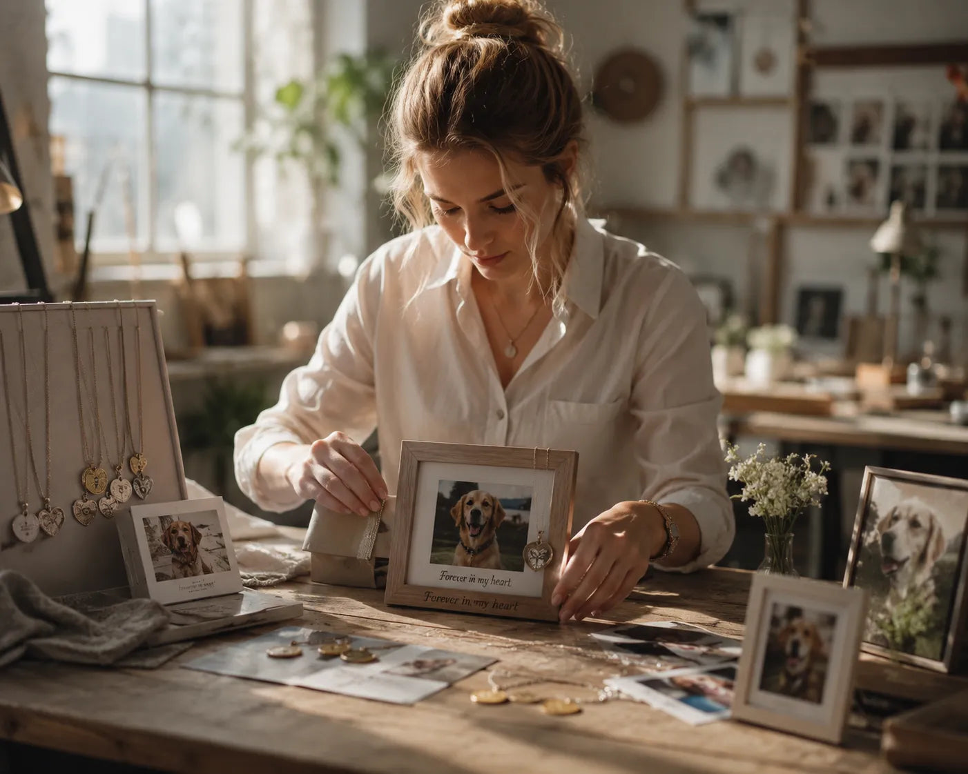 A pet parent creating handmade keepsakes that preserve treasured memories, reflecting Peteverlasting's mission to celebrate every meaningful chapter of a pet's life.