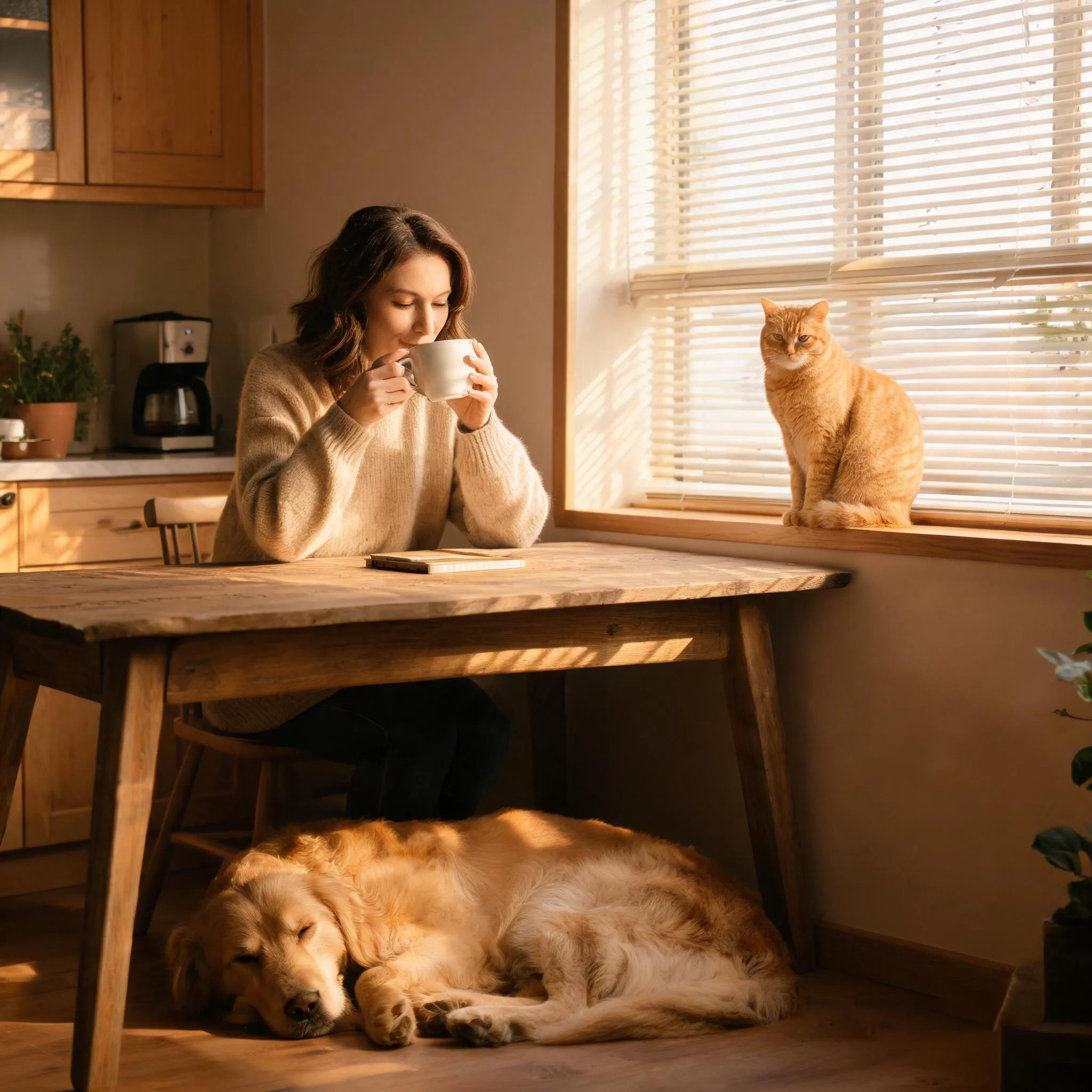 A peaceful morning at home with a pet owner enjoying coffee while their loyal dog rests nearby, celebrating the beauty of everyday moments together.