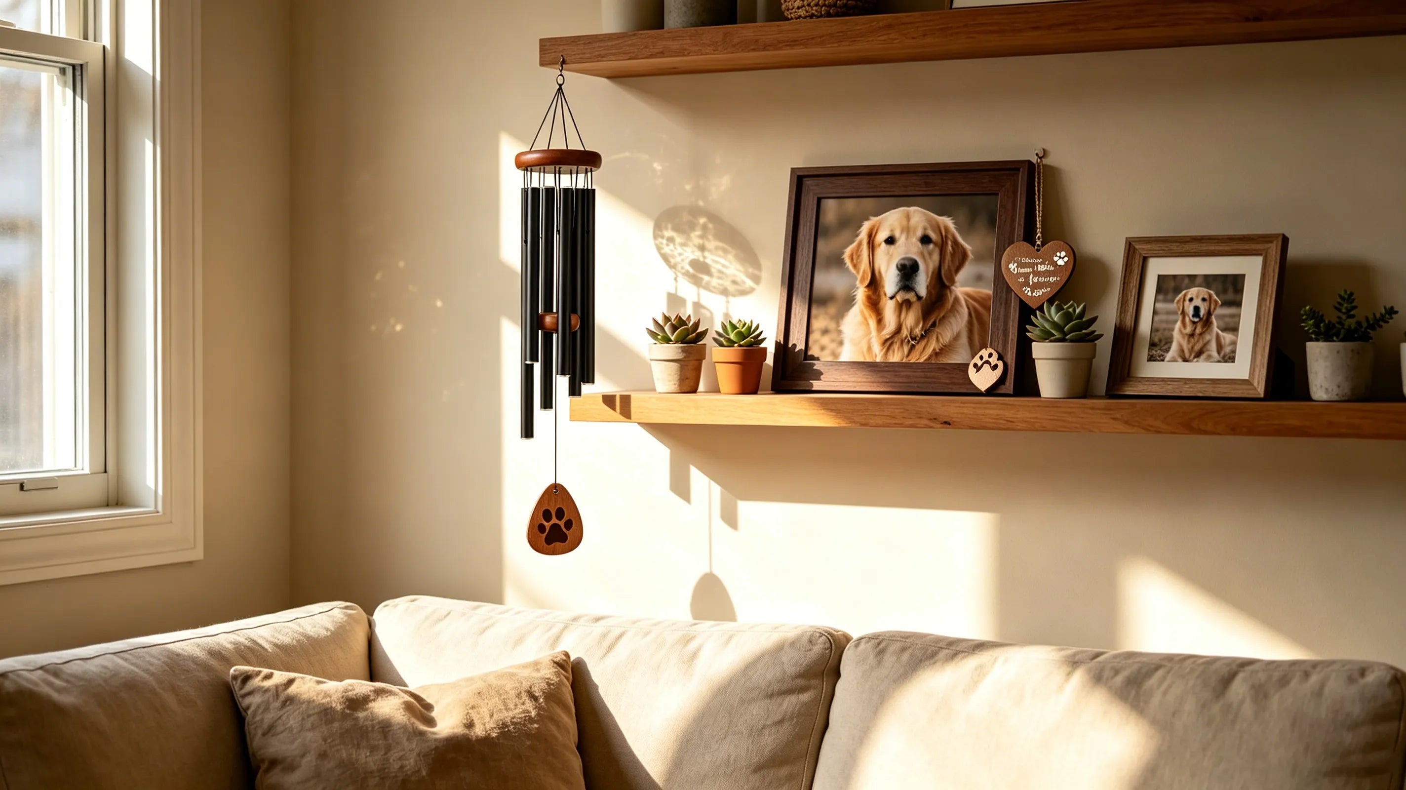 A warm memorial corner filled with personalized keepsakes, photo frames, and treasured memories, inviting every pet family to celebrate a lifetime of unconditional love.
