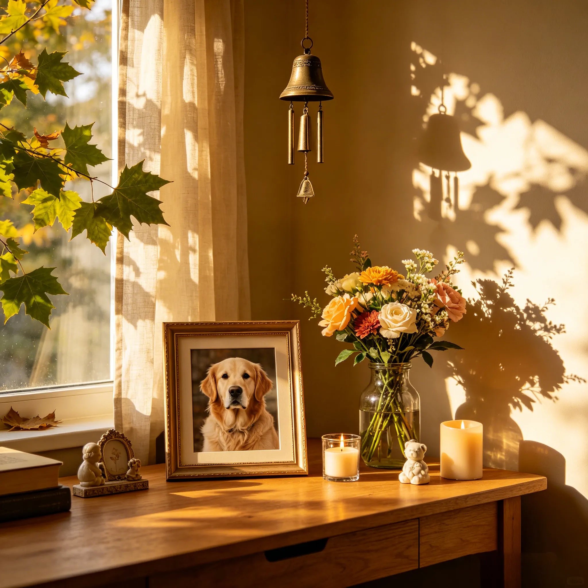 A personalized pet memorial displayed with a framed photo, flowers, candles, and a wind chime, honoring a beloved companion with love that lasts forever.