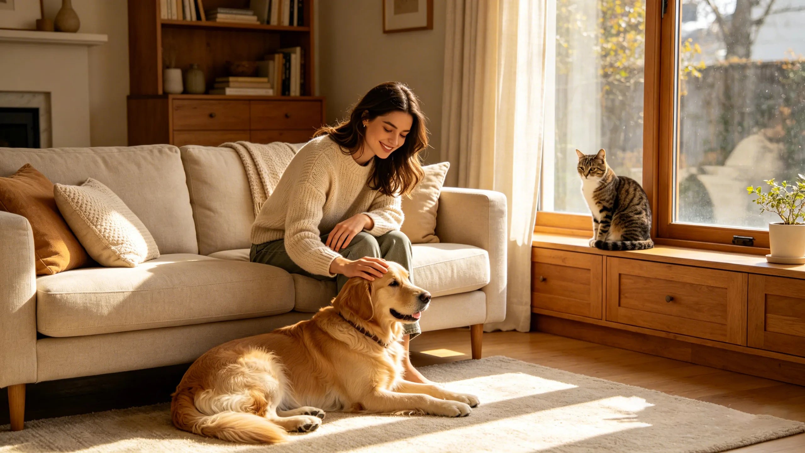 A pet owner relaxing at home with a beloved dog in warm natural sunlight, representing the lifelong journey of love, companionship, and cherished memories.