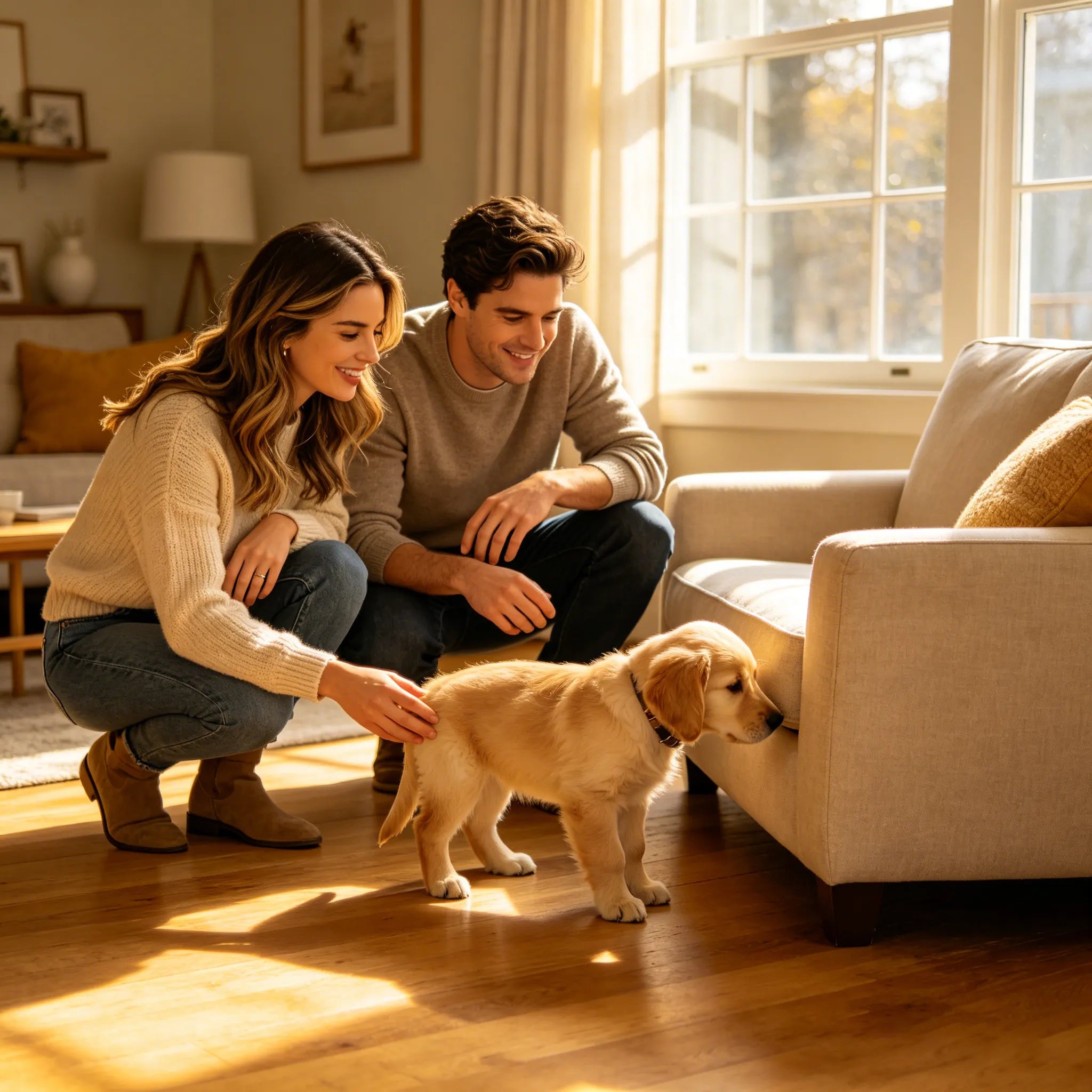 A family warmly welcoming a new puppy into their home, celebrating the beginning of a lifelong journey filled with love, happiness, and unforgettable memories.