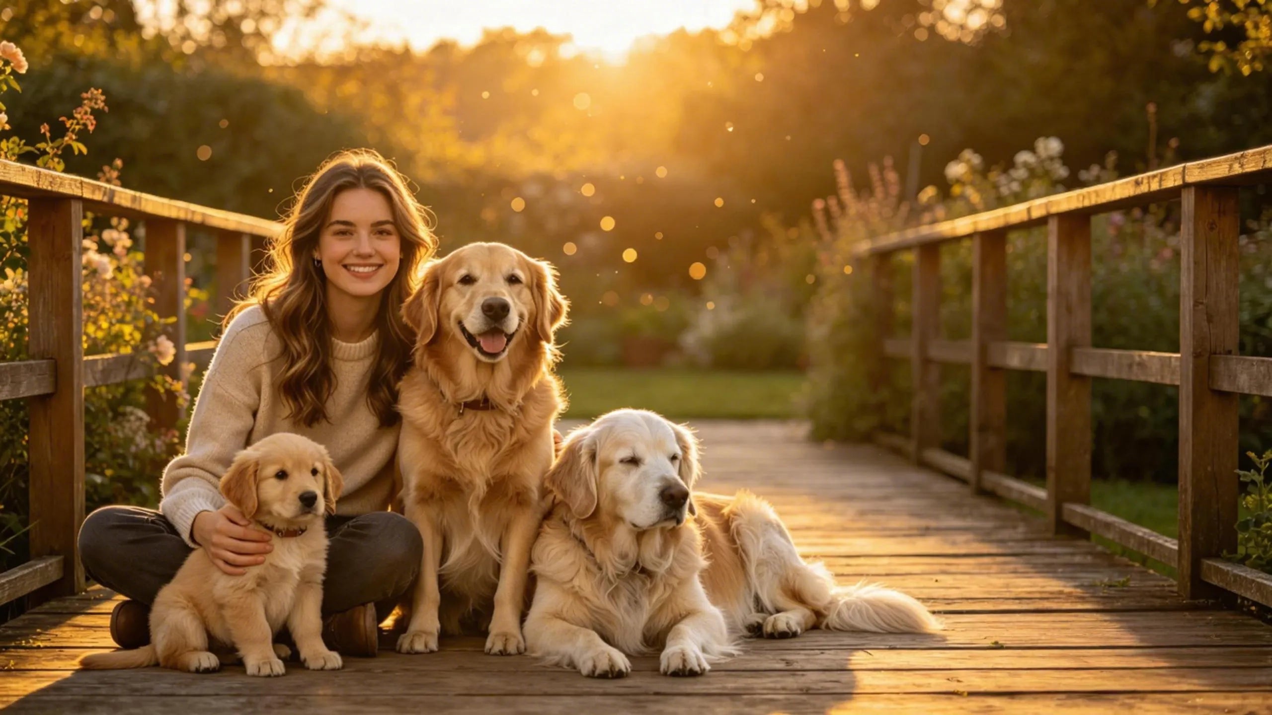 Sunset garden shot of a woman with puppy, adult and senior golden retrievers on wooden bridge, warm soft golden light and blooming floral greenery background
