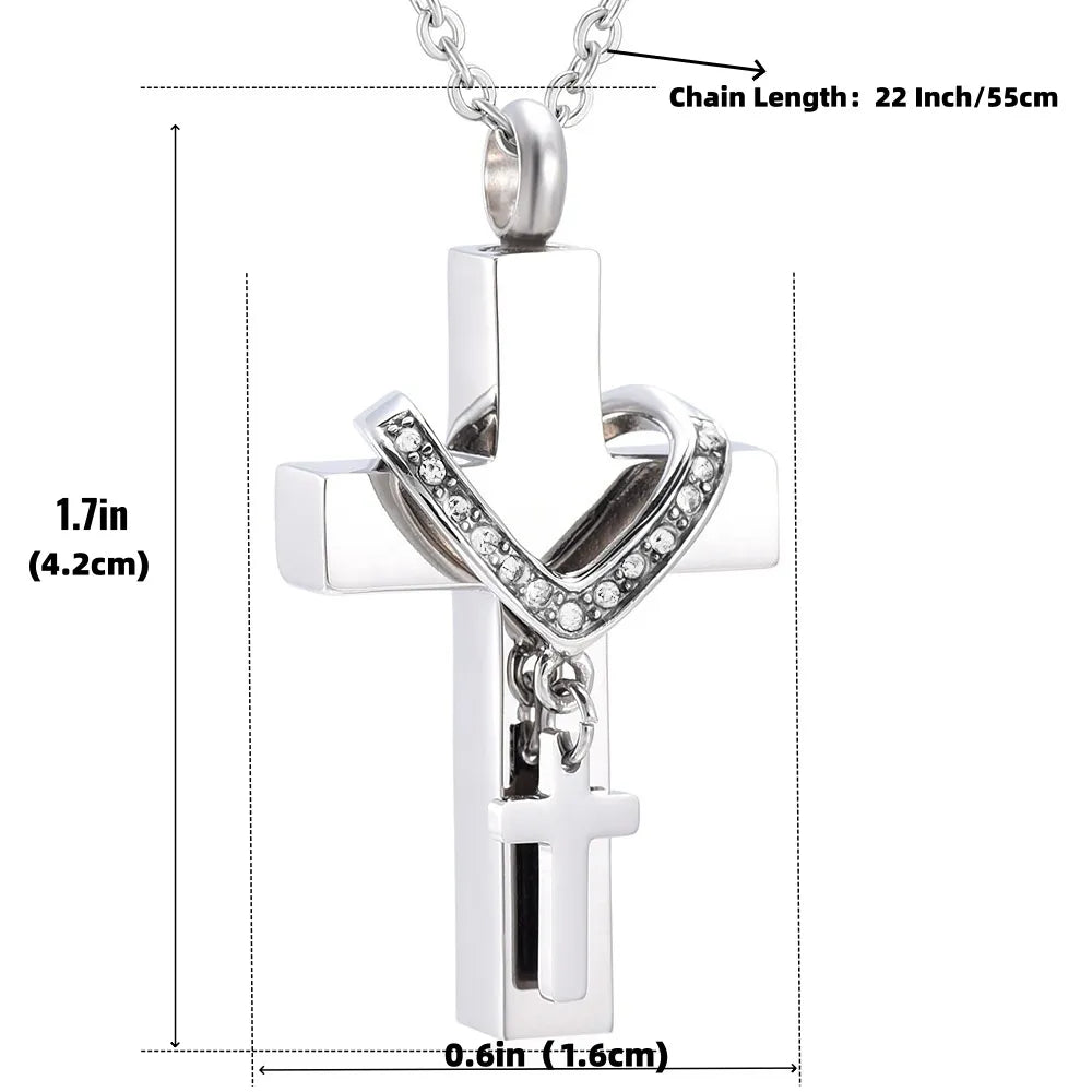 Pet urn cross necklace showing 55cm chain length and pendant dimensions