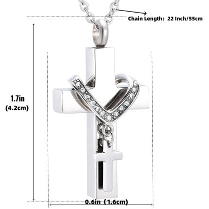 Pet urn cross necklace showing 55cm chain length and pendant dimensions