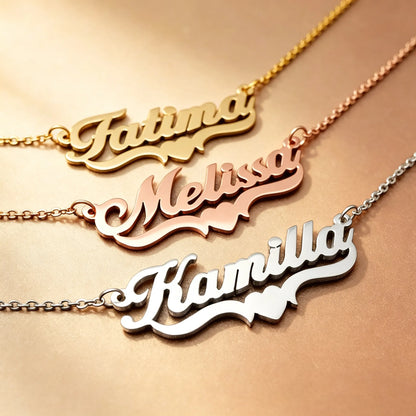 Examples of personalized pet name necklaces in different font styles, showcasing custom stainless steel jewelry for pet lovers.
