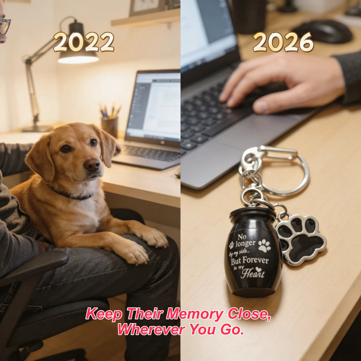 Pet memorial keepsake keychain attached to car keys for everyday carrying