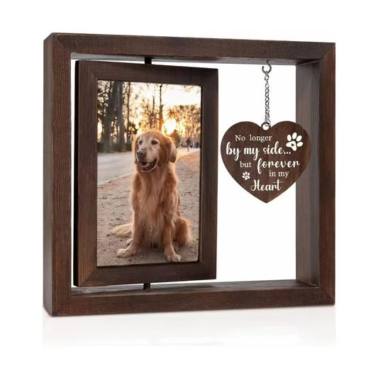 Double-sided wooden pet memorial photo frame displaying a beloved dog photo