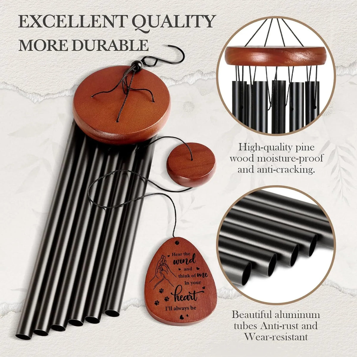 Premium aluminum tubes and wooden pendant designed for long-lasting outdoor memorial decoration.