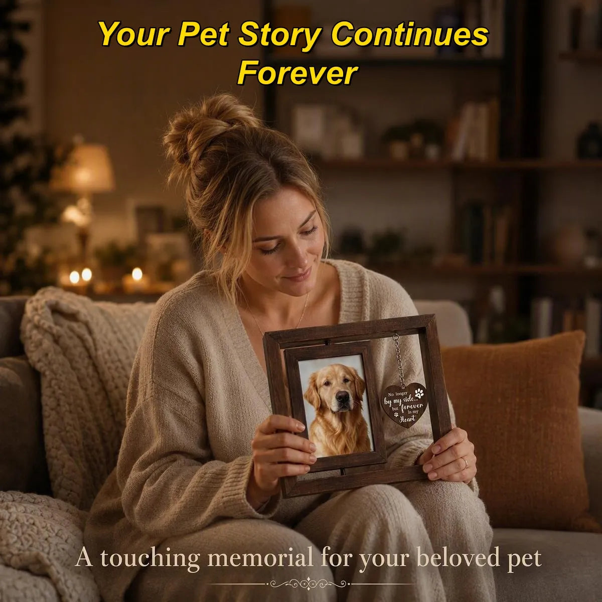 Woman holding a pet memorial frame to remember her beloved companion