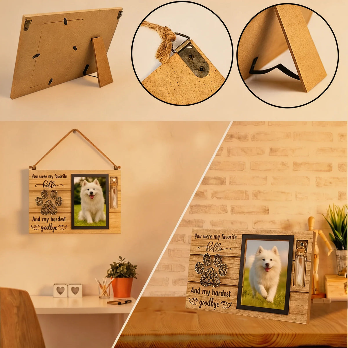 Freestanding pet memorial photo frame shown on a tabletop, shelf, and cabinet for home remembrance