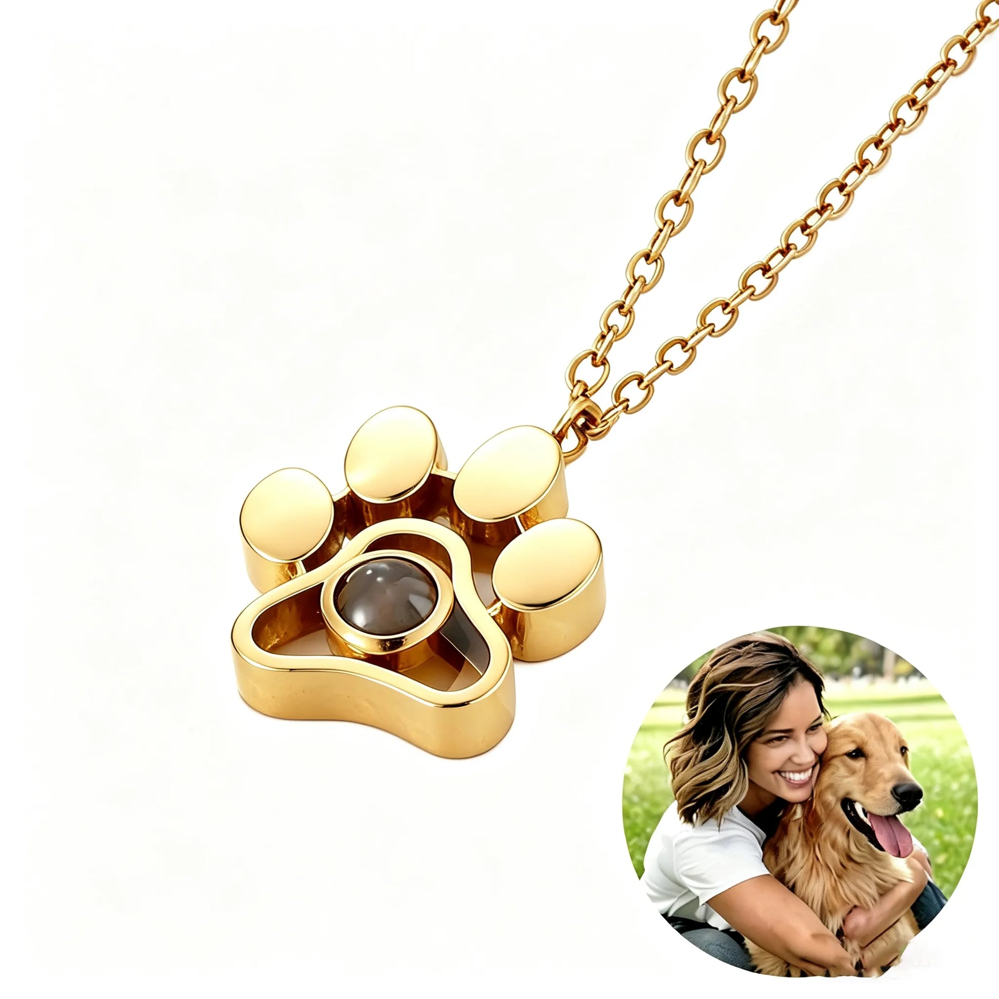 Gold personalized paw print projection necklace featuring a hidden custom pet photo inside a timeless keepsake pendant.
