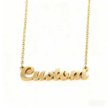 Custom gold stainless steel pet name necklace featuring your pet's name, perfect for everyday wear and meaningful pet keepsakes.