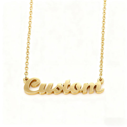 Custom gold stainless steel pet name necklace featuring your pet's name, perfect for everyday wear and meaningful pet keepsakes.