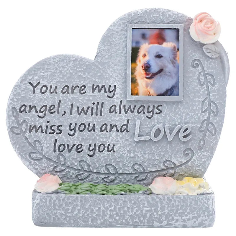 Heart-shaped pet memorial photo keepsake with engraved remembrance message and pet photo