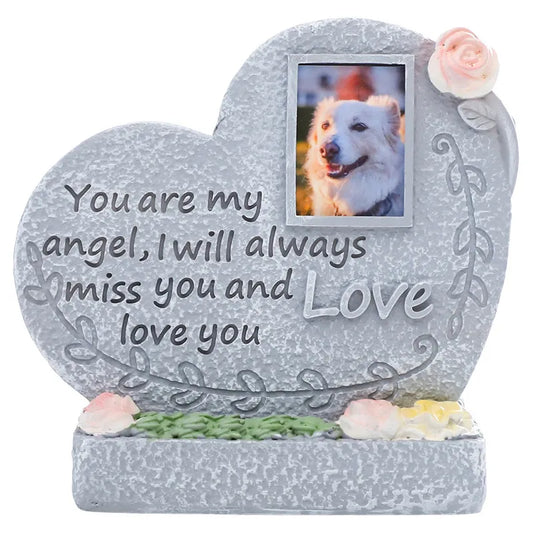 Heart-shaped pet memorial photo keepsake with engraved remembrance message and pet photo
