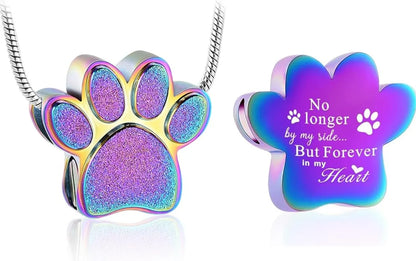 Front and back view of pet paw print urn necklace with engraved message.