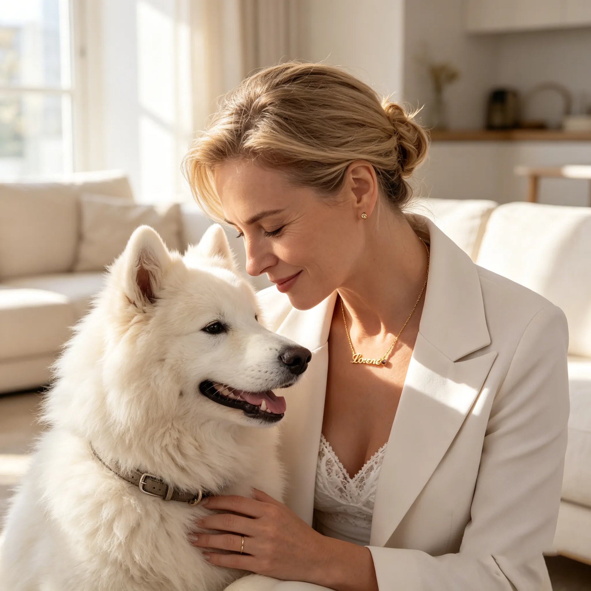 Elegant everyday styling of a personalized pet name projection necklace, designed to celebrate every stage of your pet's life.